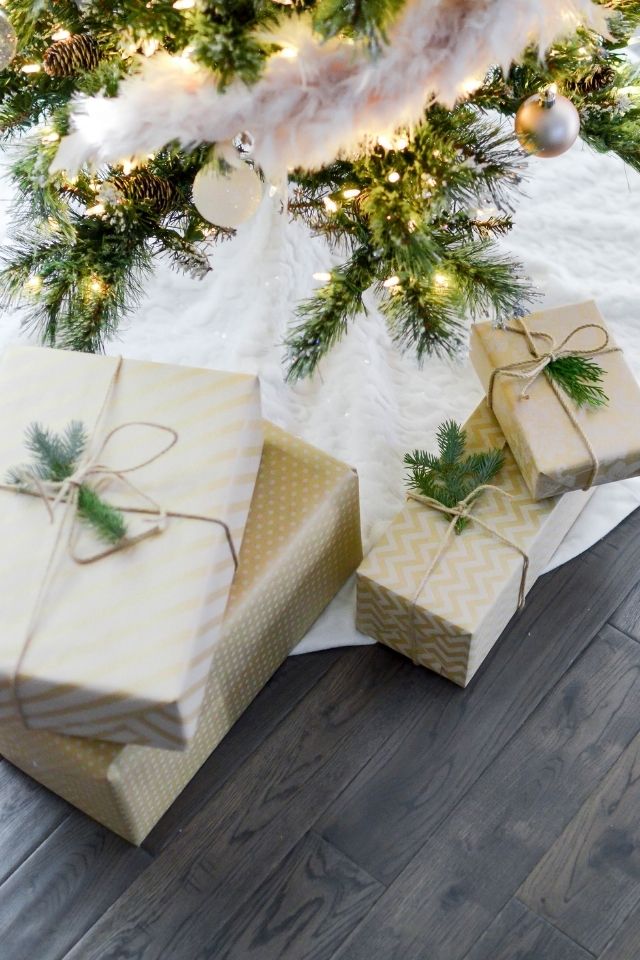 Wrapped Christmas gifts under a Christmas tree 